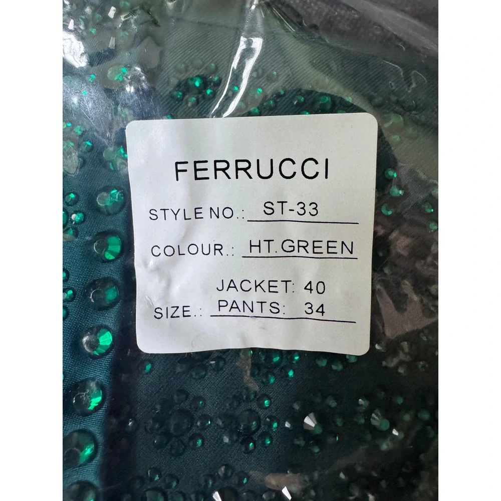 Ferrucci Mens Green Rhinestone Tuxedo Suit Set Jacket 40 Pants 34 wedding, dance